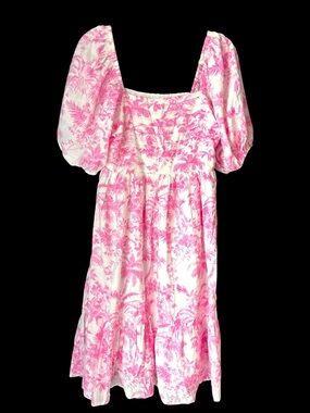 LC Lauren Conrad Medium P Pink Toile Tropical Midi Dress Puff Sleeve Square Neck